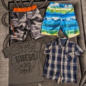 Kids Size 6 Silver Jean shirt, 2 size 6 swim shorts and size 7 guess top